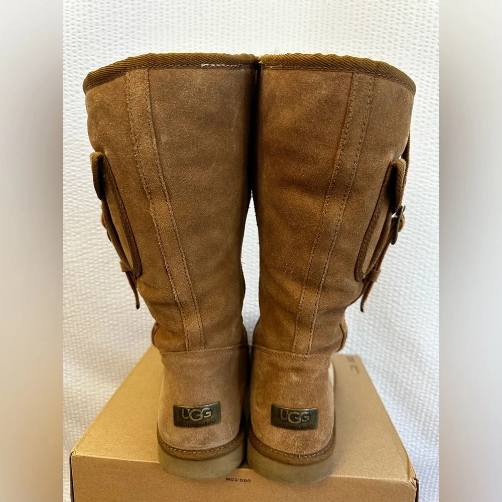 UGG Retro Cargo Tall Boots Chestnut Sheepskin Suede Winter Women’s Size 9 Y2K